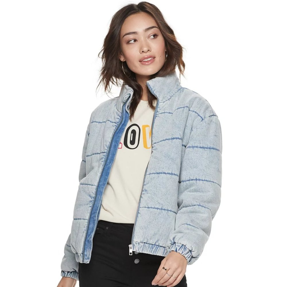 Juniors' Pop Sugar Mock Neck Zip Up Denim Puffer Coat Size XXL ~ NEW